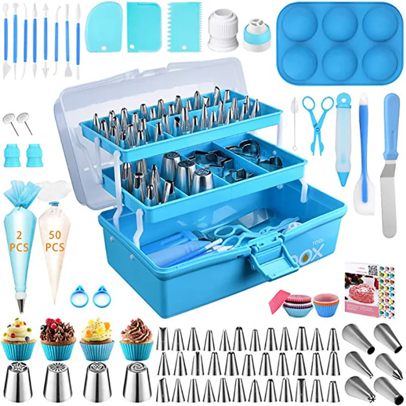 

236PCS Cake Decoration Accessories Tool Cake Decoration Mouth Set with Three Layer Storage Blue Folding Gift Box Baking Set