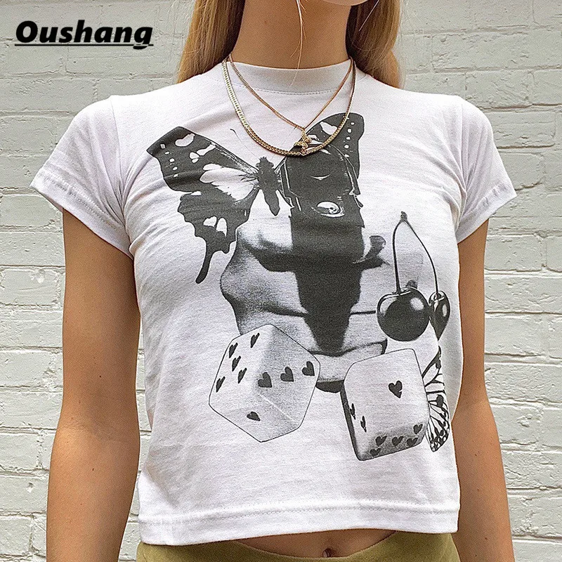 

Cotton Butterfly Printed White T Shirts Women 2021 Y2K Streetwear Vintage Crop Tops Female Harajuku Summer Tee Tops Short Sleeve