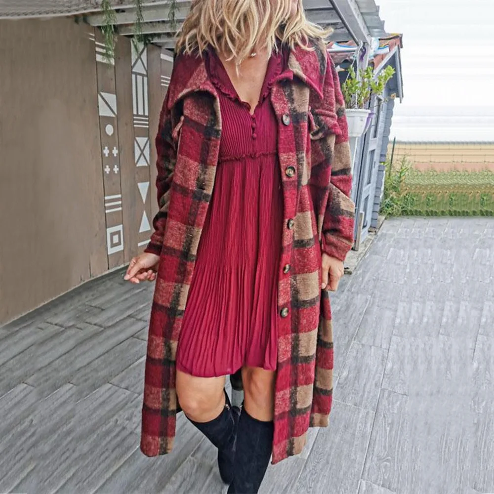 

Autumn Plaid Shirt Woolen Coat 2021 Women Oversized Coat Long Checked Casual Fashion Chic Women Jackets Long Windbreaker Outfits