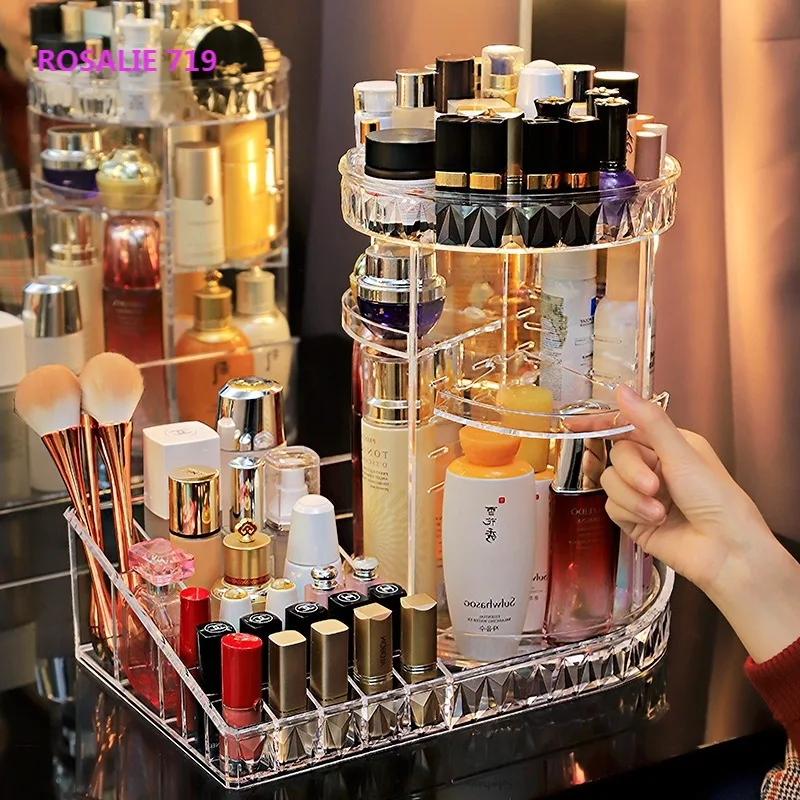 

360 Degree Rotation Transparent Acrylic Cosmetics Storage Box Fashion Spin Multi-Function Detachable Makeup Beauty Organizer