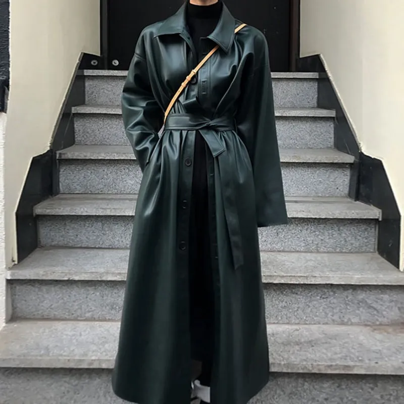 

Куртка женская кожаная удлиненная, с ремнем, черного цвета, Осень-зима, 2019