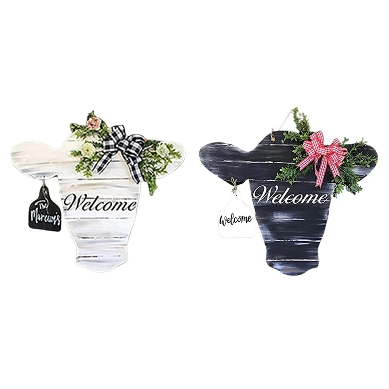 

2 Pcs Cow Head Welcome Sign Acrylic Animal Head Door Hanger Sign For Front Door Porch Wall Decor, Black & White