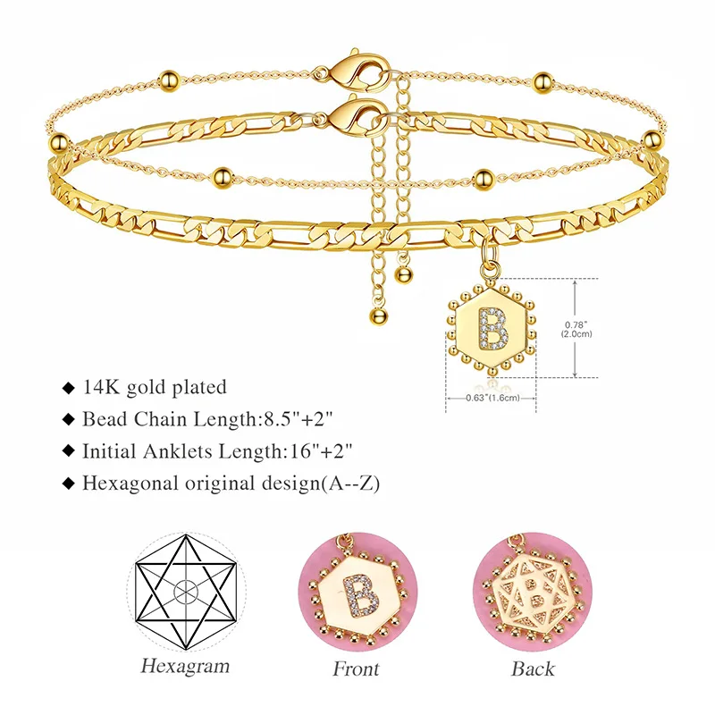 

A-Z Initial Anklet Bracelets 14k Gold Plated Figaro Chain Double/CZ Layered 26 Letter Anklets for Women Alphabet Foot Jewelry