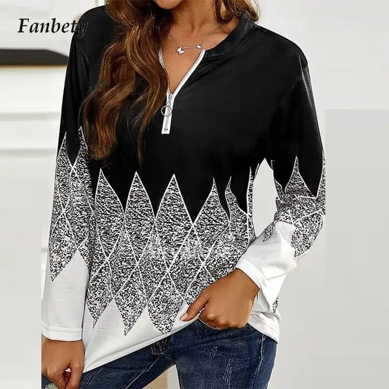 

Женская Винтажная футболка в стиле пэчворк, Офисная Модная рубашка на молнии с V-образным вырезом, рубашки из пуловера с длинным рукавом для ...