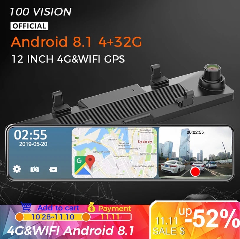 Автомобильное зеркало заднего вида 4G 12 дюймов Android потоковая мультимедийная