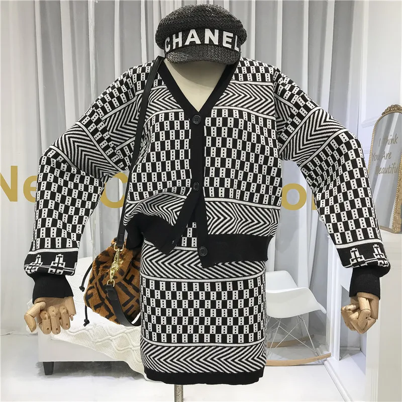ALPHALMODA Ретро стиль геометрический узор v образный вырез Свободный кардиган +