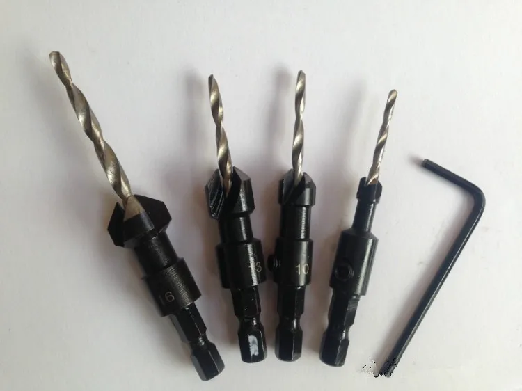 

4pcs/set Hex Shank Screw Size #6 #10 #13 #16 Tapered Countersink Cone Hole Saw HSS Drill Bit Woodworking Tools set