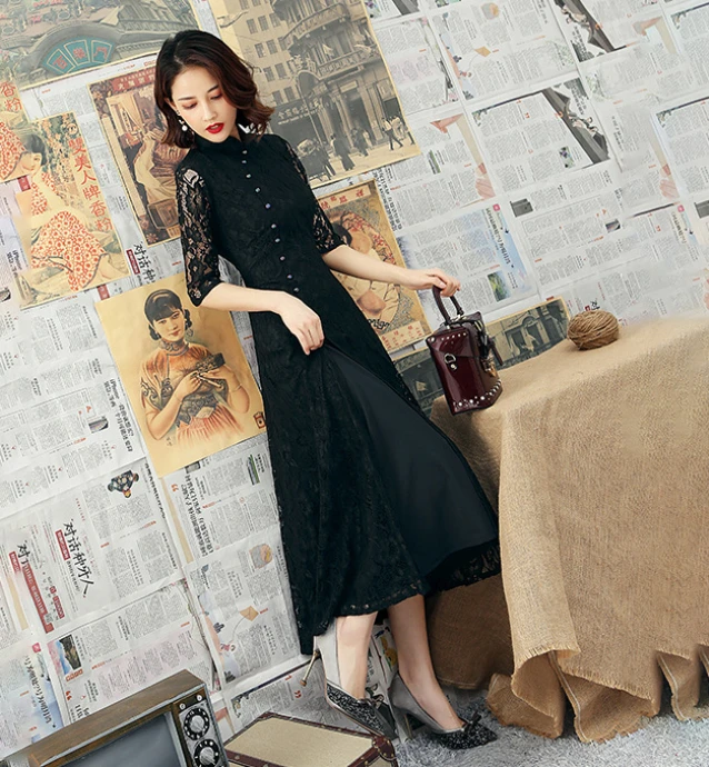 Черный Cheongsam Qipao платье длинные для банкета ужин вечерние халат вечернее Винтаж