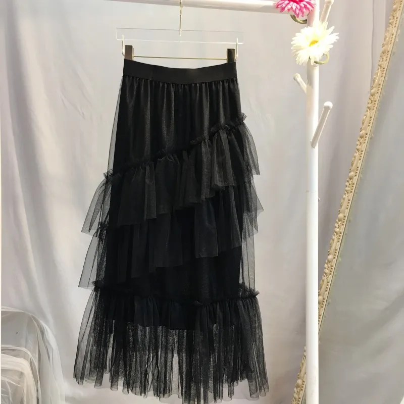 

TVVOVVIN Spring 2021 New Women's Fashion Spliced Mesh Ruffles Skirt Leopard Pattern High Waist Female Mid-length Skirt E0QR