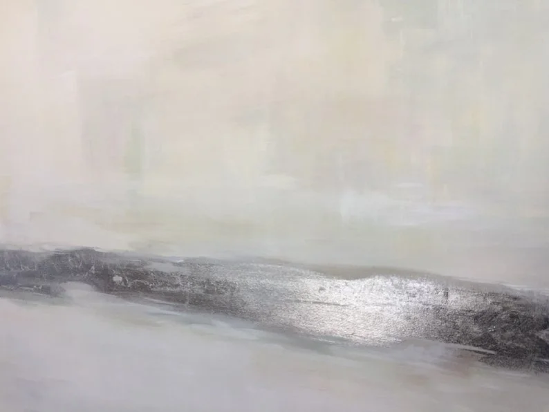 Абстрактная большая серая картина с серебряными листьями бежевая Современная