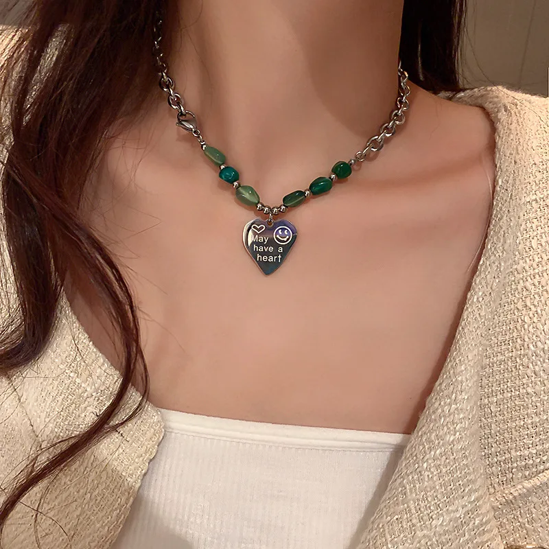 

LOVOACC Cool Green Color Natural Stone Pendant Necklace for Women Chunky Chain Letter Heart Titanium Steel Chokers Necklaces