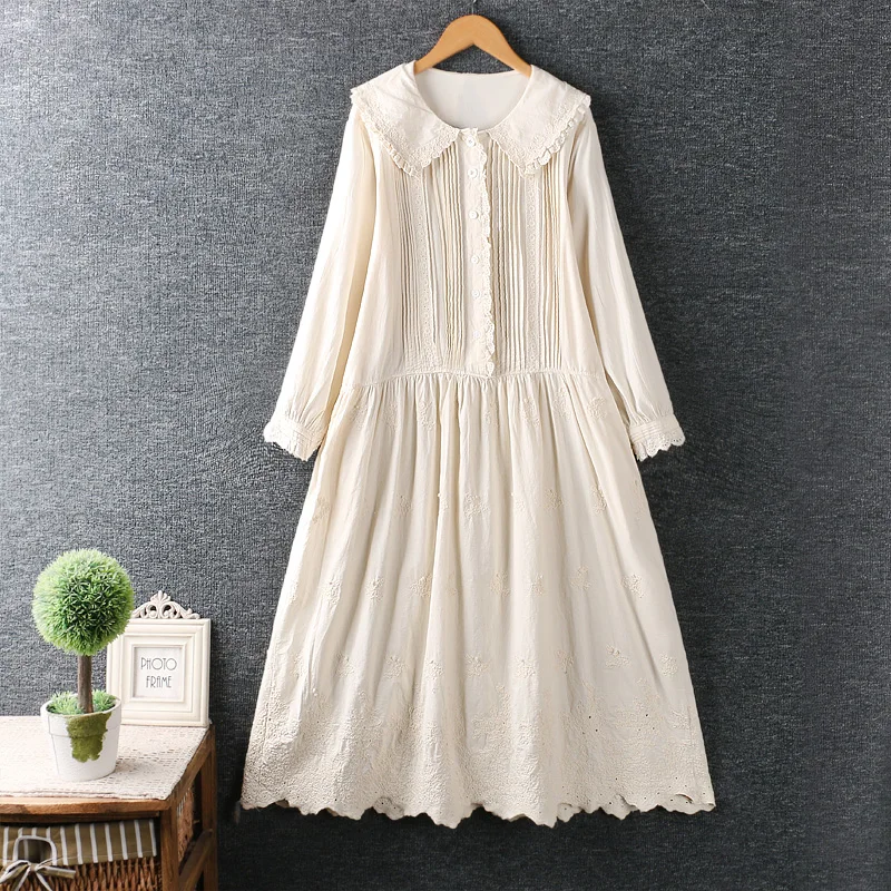 

New Autumn Women Cotton linen Dress Japan Style Peter Pan Collar Solid Color Embroidery Organ Pleats Loose Long Dress Women