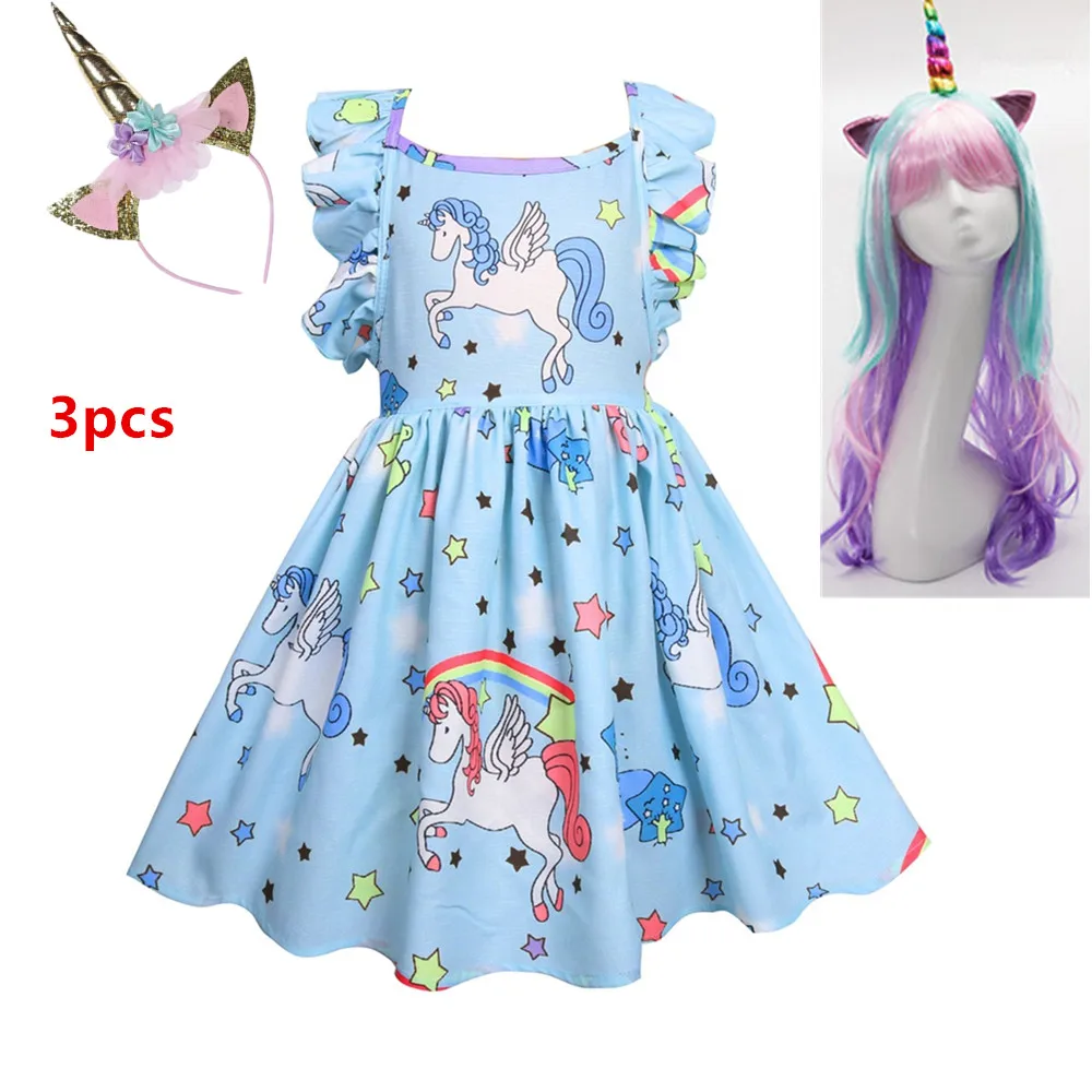 s36004-3pcs Vestidos/летнее платье для девочек коллекция года, брендовый Единорог для вечеринки с открытой спиной, платье принцессы Детский костюм, детская одежда розовый+ парик - Цвет: s36004-3pcs