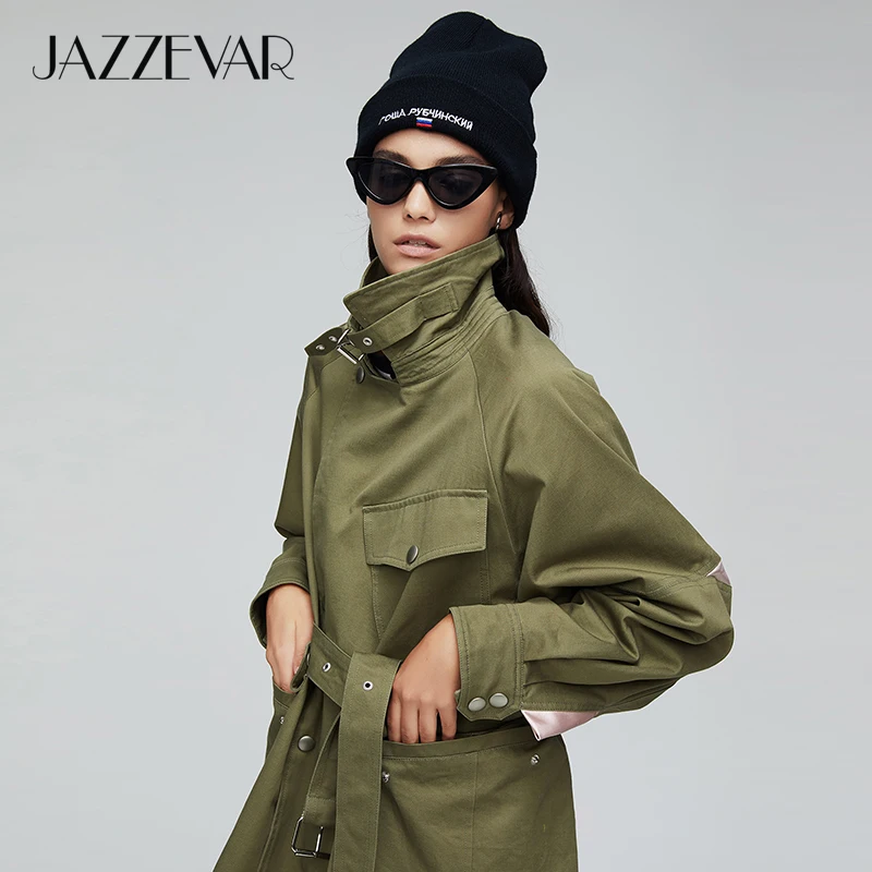 JAZZEVAR 2022 New Arrival Autumn Trench Coat Women Green Color Fashion Cotton Double Breasted Short Outerwear High Quality