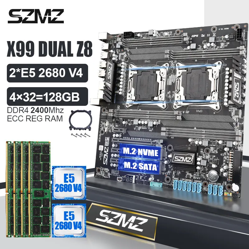 Billig SZMZ X99 DUAL Motherboard Combo Mit 2 Pcs Xeon E5 2680 V4 CPU 4*32GB DDR4 RAM Kit