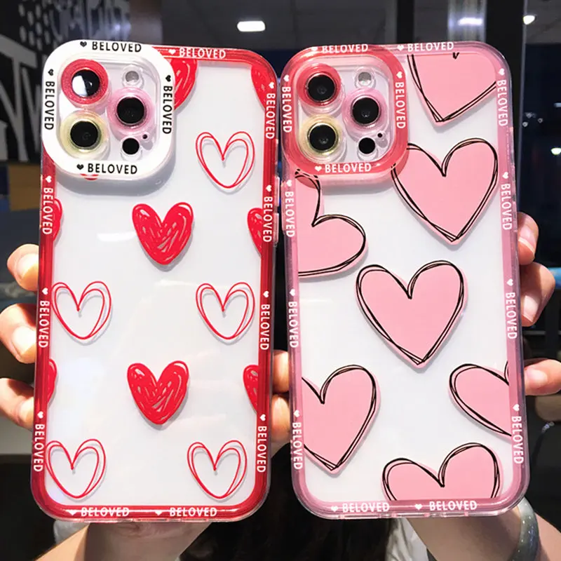 

Cartoon Cute Love Heart Phone Case For iPhone 12 13 11 Pro Max XS Max XR X 7 8 Plus 12 13 Pro 11 Soft TPU Transparent Back Cover