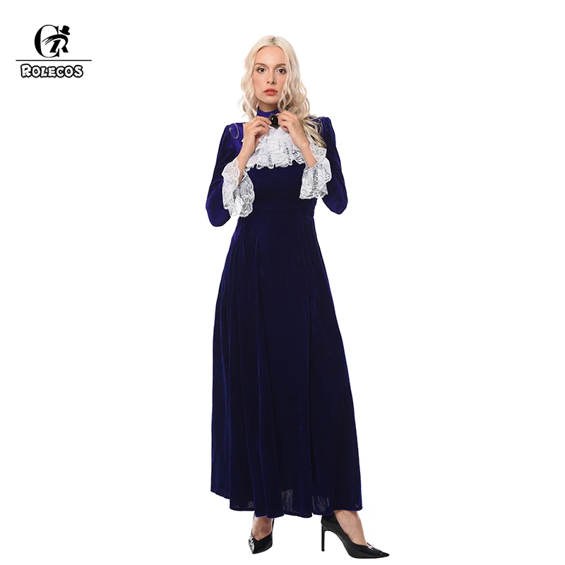 ROLECOS женское средневековое Ренессанс ретро платье темно синее плотное бархатное