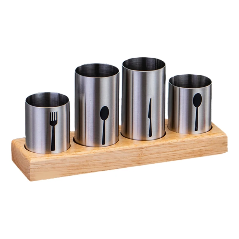 

4 Cup Flatware Holder Stainless Steel Cutlery Basket with Wooden Base Stand for Fork Knife Spoon Chopsticks Kitchen Dining N0PA