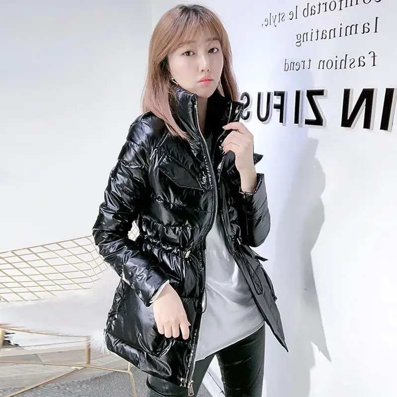 

Женская зимняя модная Глянцевая куртка с воротником-стойкой 2020, Женские однотонные хлопковые парки с кулиской, женские облегающие теплые п...