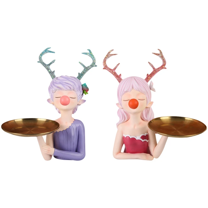 

Creative Home Furnishing Antlers Girl Tray Decoration Living Room Entrance Coffee Table Storage Adornment Resin Crafts