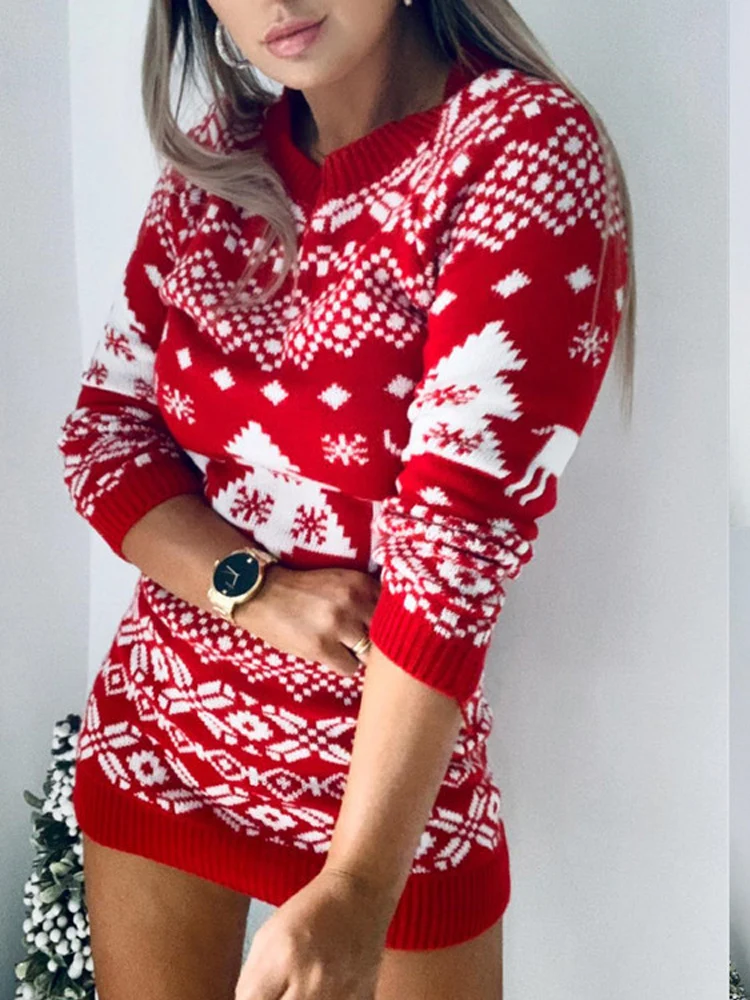 

Рождественские женские свитера, вязаные пуловеры с оленем и снежинками, длинный свитер-платье, зима 2020, модный Рождественский подарок для ж...