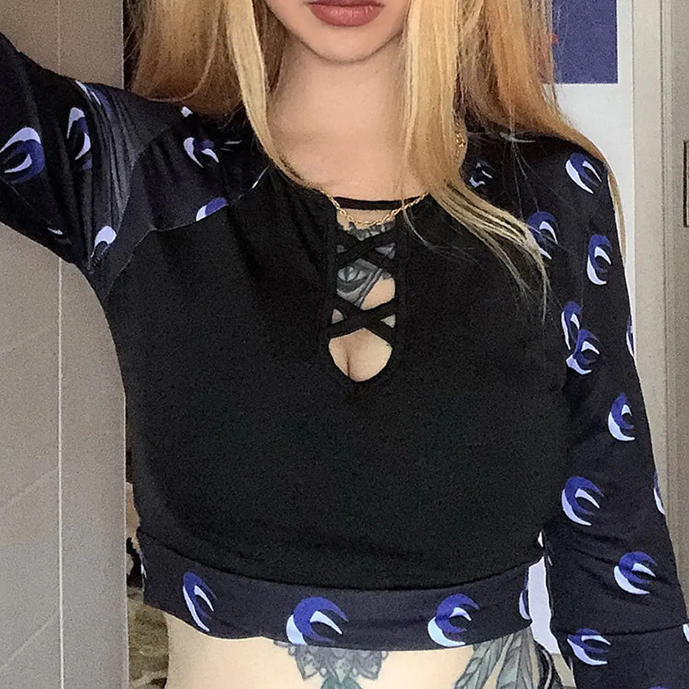 

Hirigin 2020 Fashion Women’s Autumn Long Sleeve Top Fashion Moon Print Hollow Round Neck Exposed Navel T-shirt