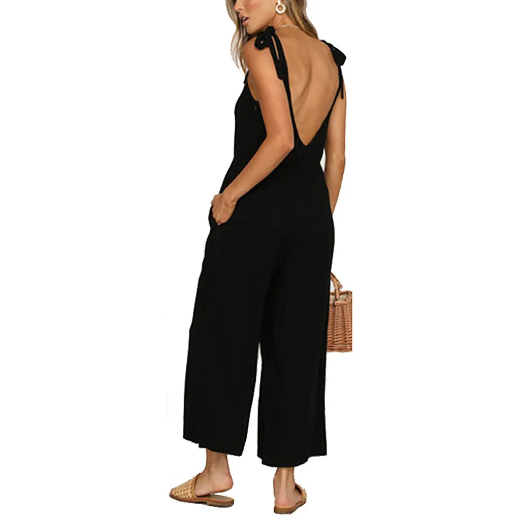 

Women jumpsuit Cotton Linen Sleeveless Backless Sexy Spaghetti Strap Romper Casual Loose Harem Long wide leg Pant Playsuit