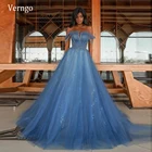 Verngo 2021 пыльно-голубой длинные вечерние платья с открытыми плечами Тюль блестящие подложка трапециевидной формы элегантные платья для выпускного вечера сексуальные вечерние платья