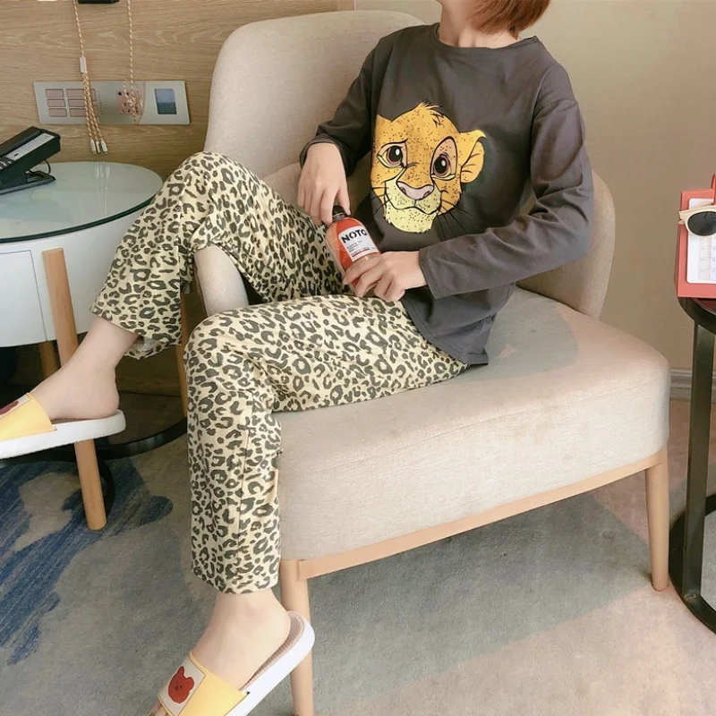 Disney Women Leopard The Lion King Sleepwear 2PCS Shirt Pants Pajamas Set Print Simba Nightwear Cartoon Pyjamas Casual Homewear