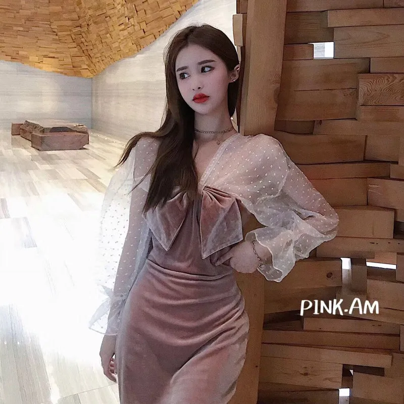 Шикарный французский с пышными сетчатыми рукавами вельветовое платье 2019 новые