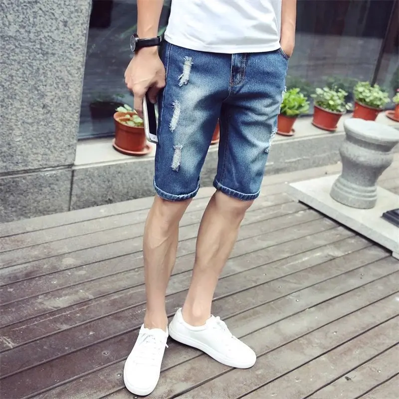 

Mens Summer Hole Denim Shorts Mens New Fashion Casual Straight Slim Blue Short Jeans Cotton Vintage Ripper Solid Denim Shorts