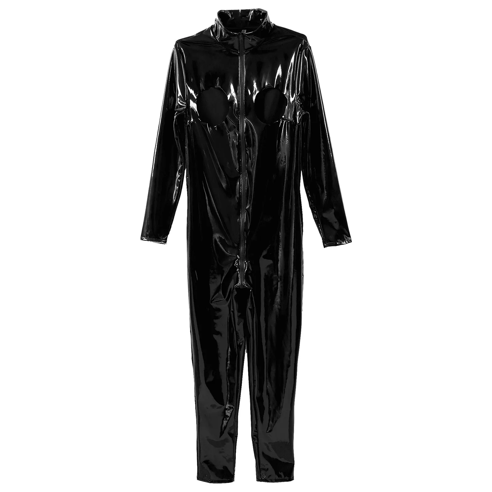 

Mens Lingerie Open Breast Sissy Zipper Bodysuit Fashion Teddies Clubwear Leather Wet Look High Neck Exotic Bodycon Jumpsuits