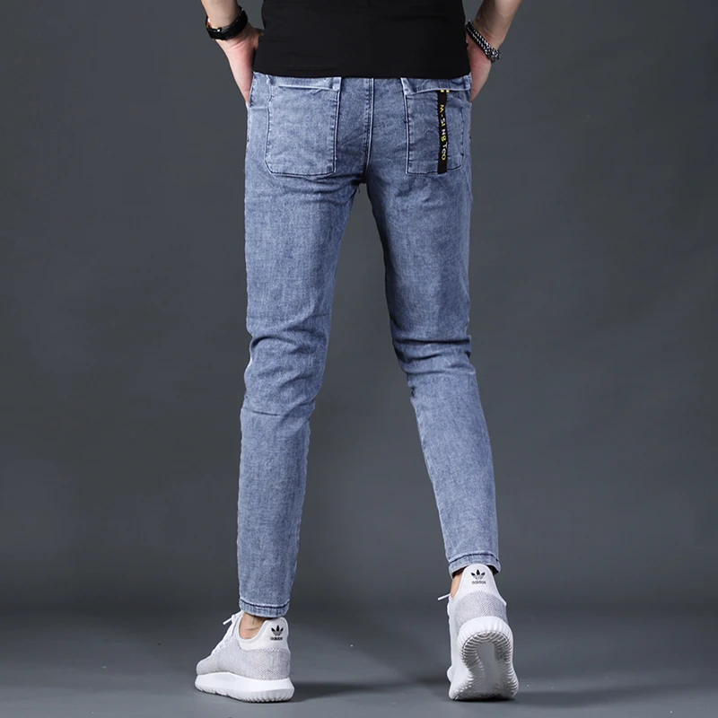 Men Side Stripe Blue Jeans Summer Men Straight Slim Fit Ankle-Length Pants Fashion Streetwear Elastic Waist Denim Trousers