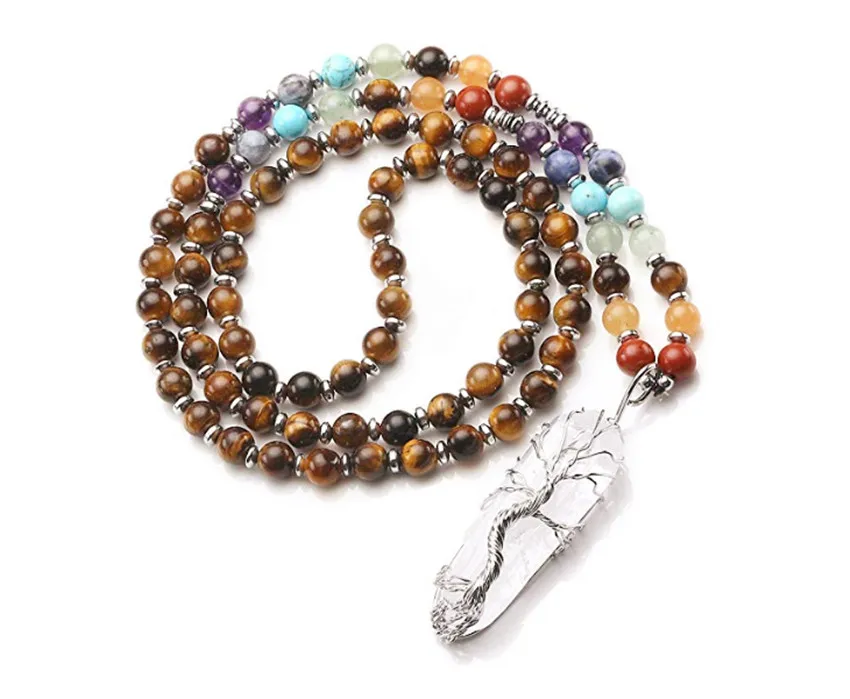 

FYJS Unique Silver Plated Wire Wrap Irregular Shape Rock Crystal Pendant Tiger Eye Stone Beads Chain Healing Chakra Necklace