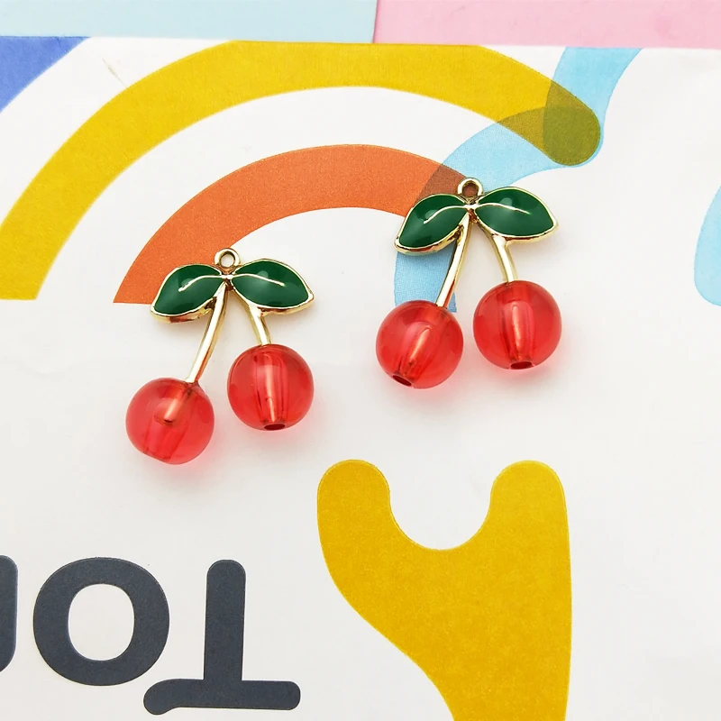 

10pcs Resin Red Cherry Metal Enamel Charms Handmade Gold Tone Pendant For DIY Jewelry Making Bracelet Earring Accessory 23*28mm