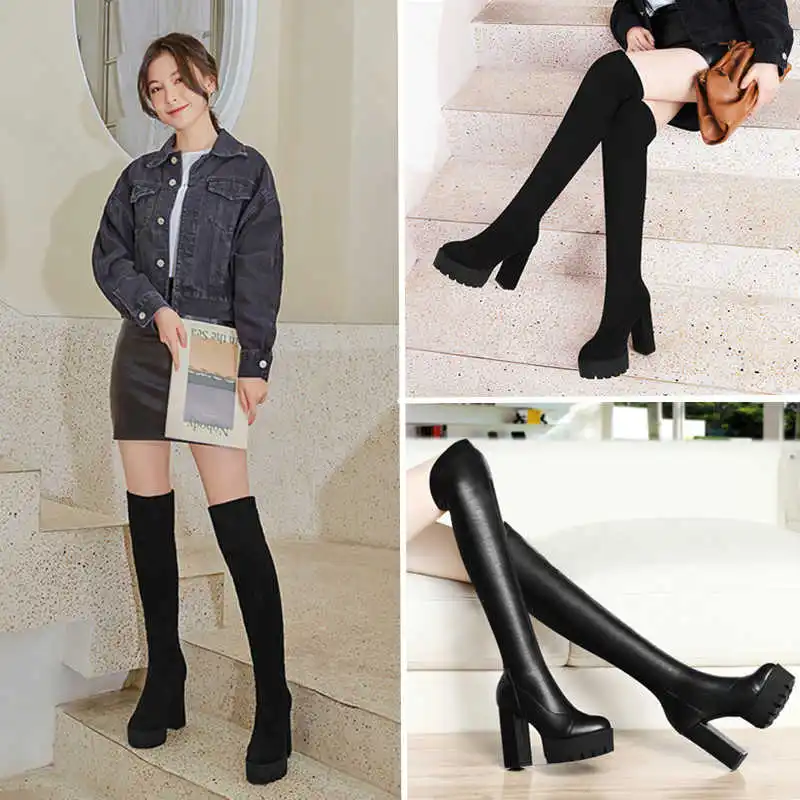 

Winter warm over knee boots thick heel thick bottom long tube women's boots super high heel elastic leather boots women's shoes