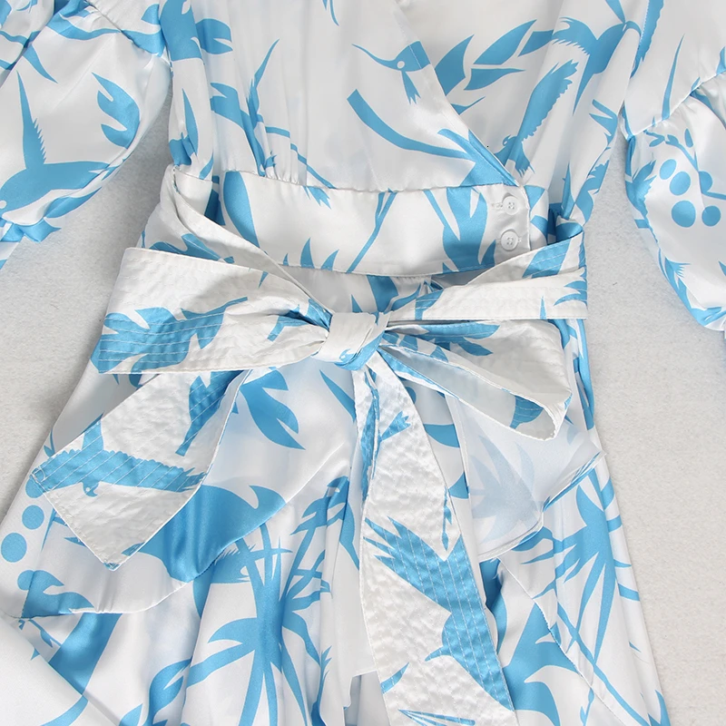 

CHICEVER Print Lantern Sleeve V Neck Wrap Dress Sash Waisted Asymmetric Ruffle Dresses Women Boho Fashion Spring 2020 New