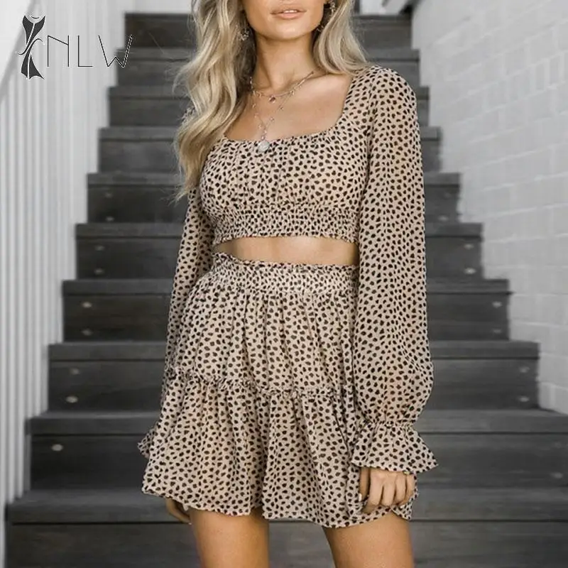 NLW Leopard Print Women Skirts Sets Autumn Winter Ruffle Plus Size Long Sleeve Crop Top High Waist Fashion Skirt Suits | Женская одежда