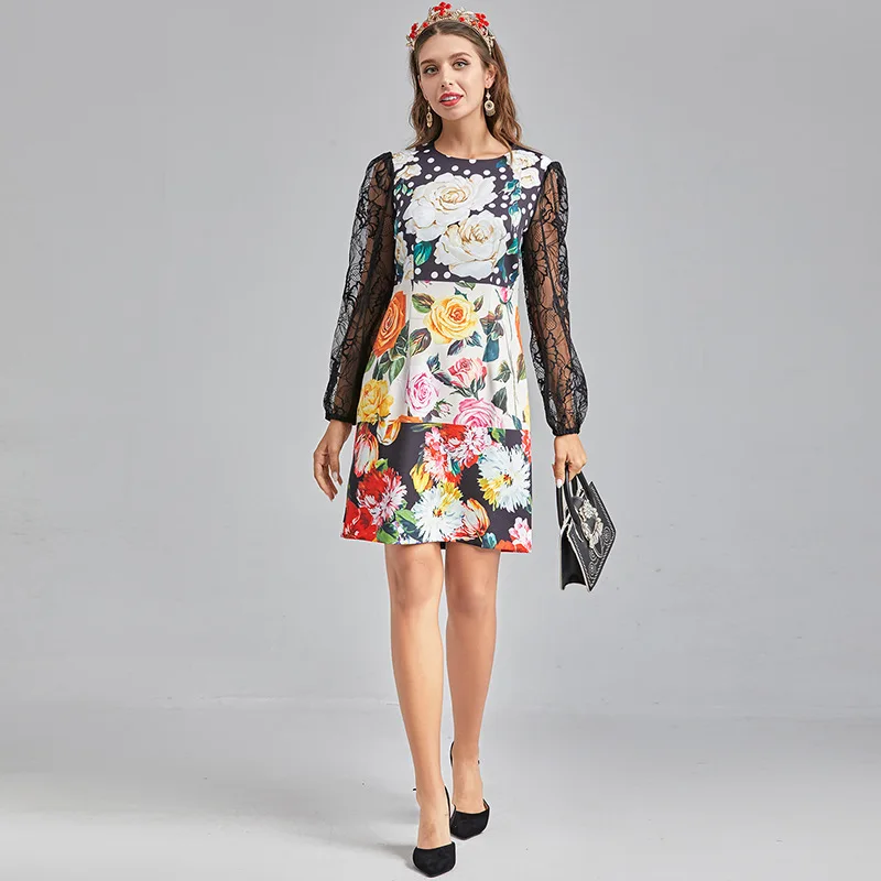 

Fashion Temperament New 2021 Spring and Summer New Printed Stitching Lace Long Sleeve Slim Fit A- line Dress