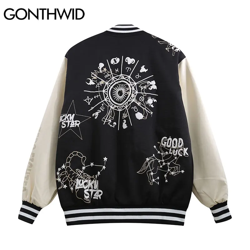

GONTHWID Harajuku Streetwear Baseball Jackets Constellation Print Bomber Coat Hip Hop Casual Fashion Loose Button Tops Outerwear