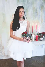 Organza vestidos de casamento curto mini jewel neck laço apliques flores frisado ilusão botão voltar em camadas babados vestidos de noiva (3)