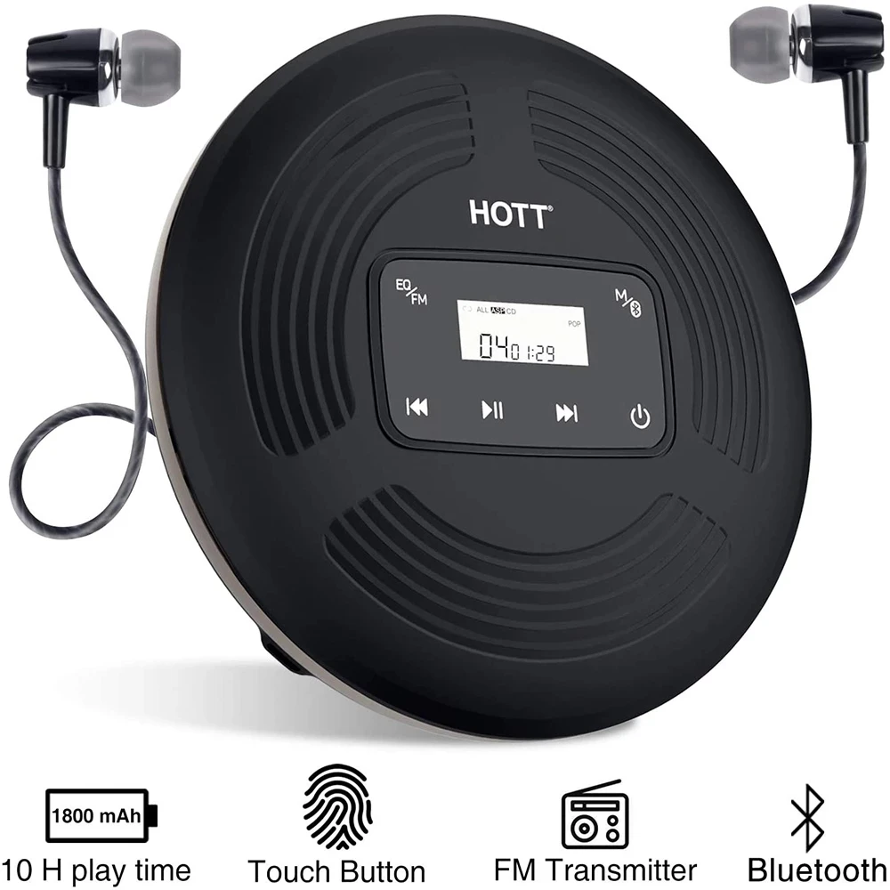 Портативный Перезаряжаемый CD плеер HOTT Bluetooth 5 0 с FM передатчиком сенсорной кнопкой