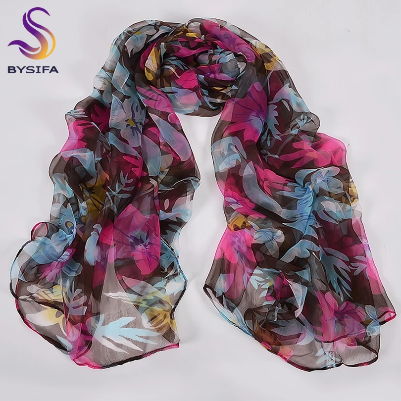 

[BYSIFA] Blue Pink Silk Scarf Shawl Ladies Brand Floral Long Scarves Spring Summer Women Beach Shawl Head Scarf Cape 170*105cm