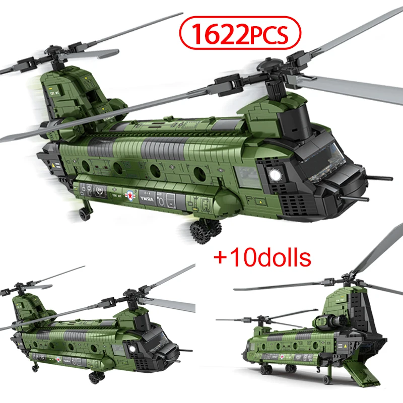 

City Military WW2 Weapon CH-47 Technical Fighter Helicopter Building Blocks Police Air Force Plane Bricks Toys For Children Gift