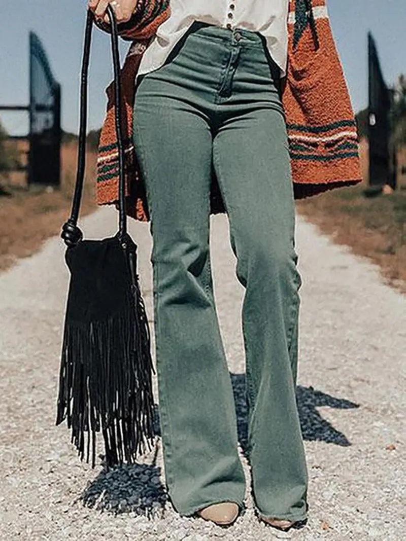 

European and American autumn and winter new women's fashion high waist elastic slim loose bell pants new jeans womennew