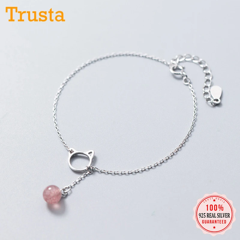 Браслет из серебра 100% пробы с котом и клубничным кристаллом|Гибкие жесткие