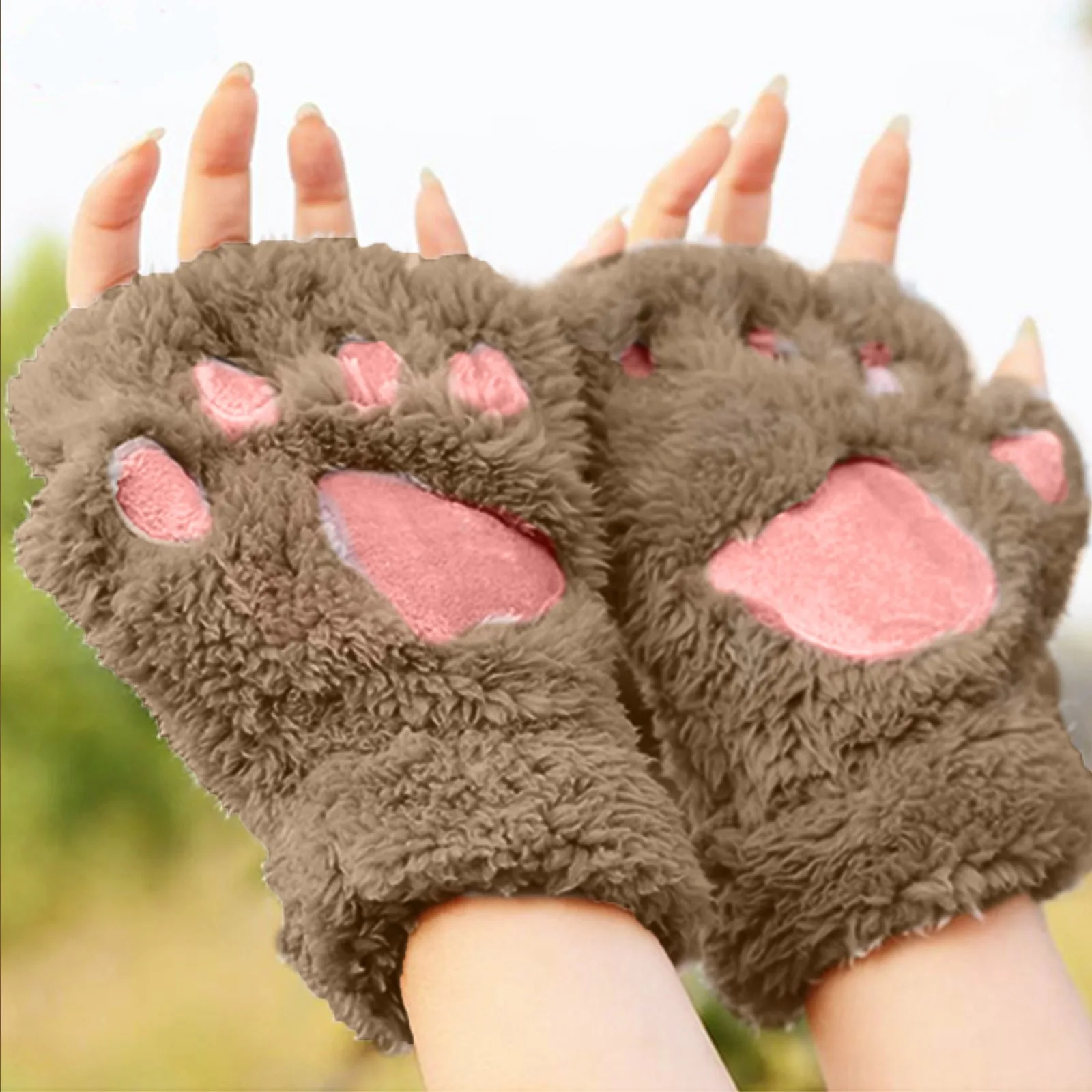 

2021 New Winter Women Ladies Cute Cat Claw Paw Plush Mittens Short Fingerless Gloves Half Finger Fluffy Warm Gloves Dropshipping