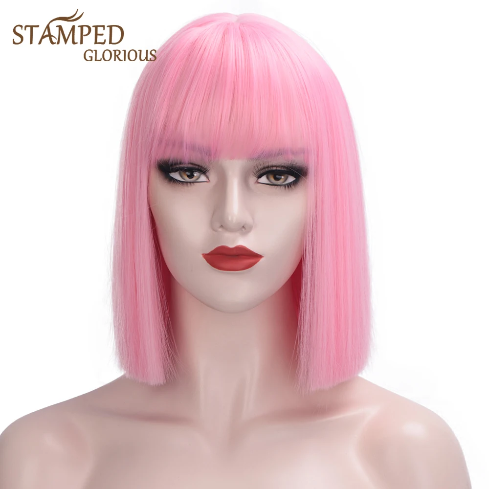 

Stamped Glorious Synthetic Short Straight Bob Wig with Bangs for Women Pink/Blue Cosplay Wig Heat Resistant Fiber Hair Wigs