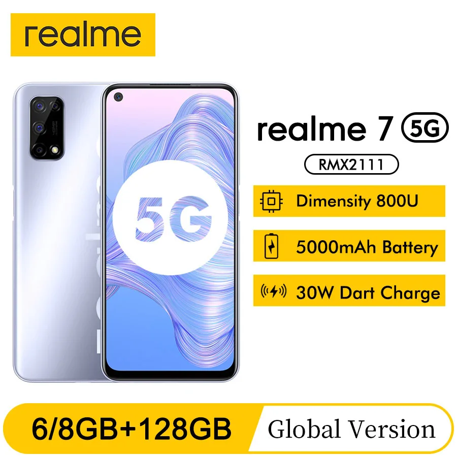Глобальная версия realme 7 5G 6 5 ''FHD + Dimensity 800U ГБ/8 ГБ 128 120 Гц Дисплей 48MP Камера 5000 мА/ч