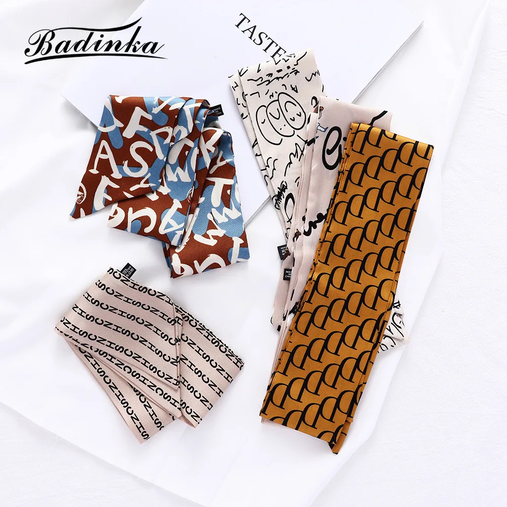 

Badinka 2022 New Designer Letter Printed Long Small Silk Head Bands Scarf Bandana Women Wrist Band Skinny Ponytail Hair Scarves